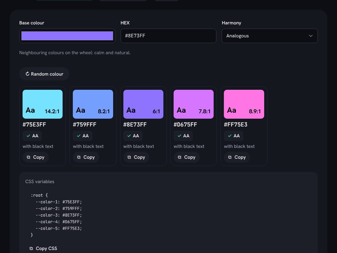 Screenshot of the tool: Palettes: five colours with their contrast already checked.