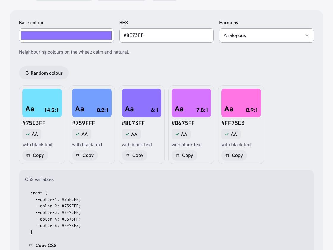 Screenshot of the tool: Palettes: five colours with their contrast already checked.