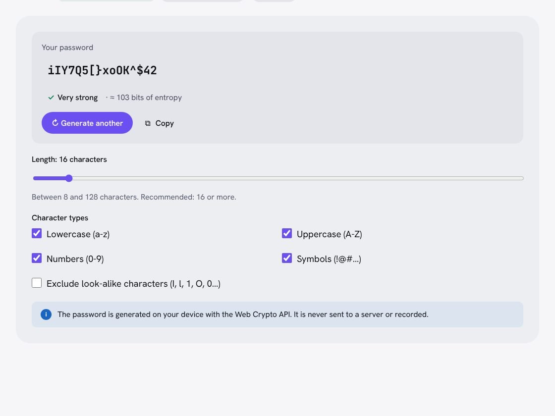 Screenshot of the tool: Random passwords, generated on your device.