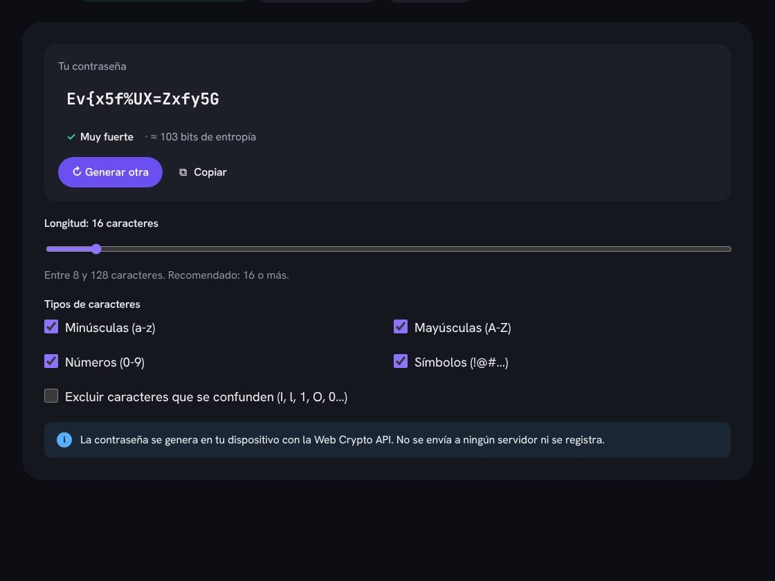 Captura de la herramienta: Contraseñas aleatorias, generadas en tu dispositivo.